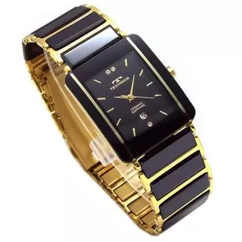 TECHNOS Мужские часы Классические керамические черный циферблат натуральная кожа браслет комплект TSM903GB-SET