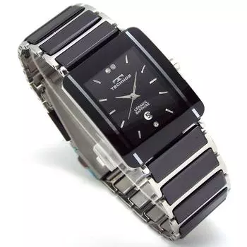 TECHNOS Мужские часы Классические керамические черный циферблат натуральная кожа браслет комплект TSM903TB-SET