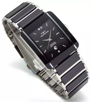 TECHNOS Мужские часы Классические керамические черный циферблат натуральная кожа браслет комплект TSM903TB-SET