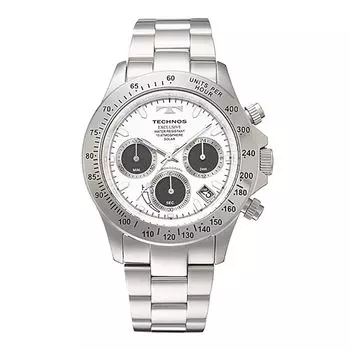 [Technos] TECHNOS солнечные часы солнечные элементы часы мужские хронограф белый циферблат нержавеющая сталь ремень TE4001SW-