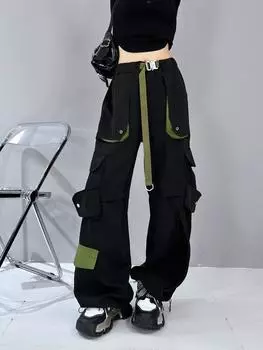 Techwear Брюки-Карго Женские Harajuku Хип-Хоп Повседневные Черные Широкие Брюки Высокая Талия Шелковые Брюки Женская Уличная Одежда S чёрный