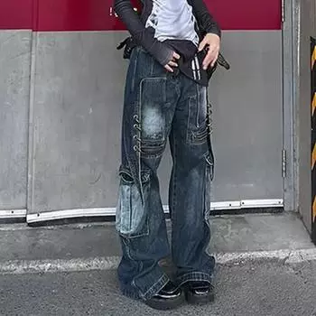 Techwear карман на молнии с кольцом женские джинсы-карго прямые брюки повседневные джинсовые брюки @ harajuku streetwear y2k хип-хоп bf ткань kpop бойфренд XS синий