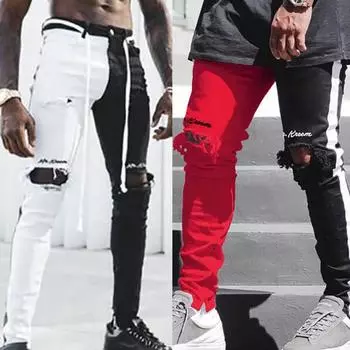 Techwear мужские джинсы карго черно-белые джинсы в стиле пэчворк Y2K весна-осень новые рваные узкие джинсы на молнии в стиле хип-хоп в винтажном стиле S белый/чёрный