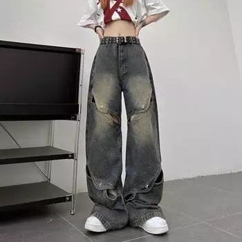 Techwear полые свободные прямые длинные джинсы брюки уличная мода брюки-карго бойфренда женские брюки y2k брюки S синий