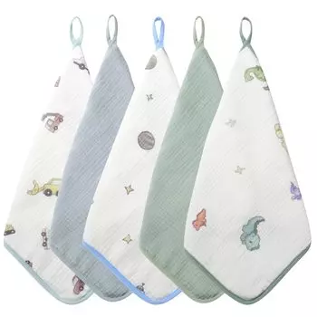 tecopeco Loop 30cm x with Name Tags Solid for Girls and Hand Towels with Loops Towels, 5-Pack, 30cm, [100% Cotton/6-Layer Gauze], Hand-Drawn синий