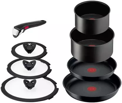 Tefal Набор кастрюль и сковородок со съемным совместимым с IH газом, не содержащим вредных веществ, таких как PFOA Neo Charcoal Brown L77298 [Только онлайн] серый
