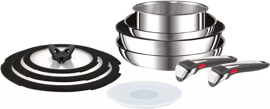 Tefal Набор кастрюль и сковородок со съемной крышкой Совместимо с газом IH Поставляется с 2 специальными Не содержит вредных веществ, таких как PFOA Neo IH Stainless серебряный