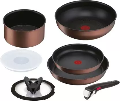 Tefal Набор кастрюль и сковородок со съемными совместимыми с IH газовыми ручками, не содержащими вредных веществ, такими как Neo IH коричневого цвета L78791, набор из 7 предметов, огонь, коричневый