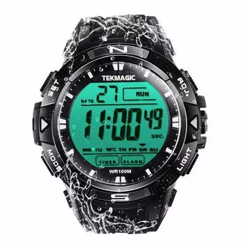 TEKMAGIC 100m цифровые подводные водонепроницаемые часы для плавания с будильником и секундомером поддерживает функцию таймера двойного часового пояса, формат времени, дисплей, чёрный