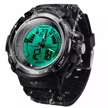 TEKMAGIC 100m Underwater Scuba Unisex Diver Watch Waterproof with Secondwatch and Alarm Function, Analog and Digital Movement, Dual Time