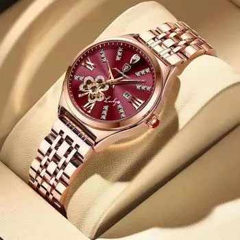 Текущие самые популярные женские часы, модные роскошные винно-красные кварцевые часы, водонепроницаемые женские часы, красивые подарочные часы для девочек