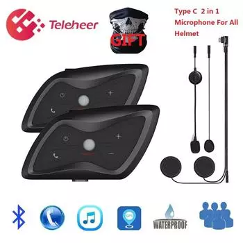 Teleheer T6 Plus Bluetooth 5,1 мотоциклетный шлем домофонная гарнитура 1500 м наушники коммуникатор для 2 гонщиков водостойкий чёрный