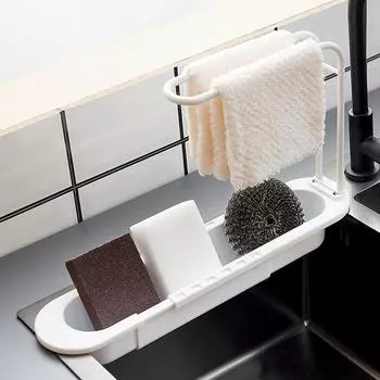 Телескопическая полка для кухонной мойки: Многофункциональное хранилище для принадлежностей для мытья посуды и уборки серый