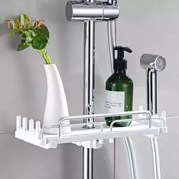 Телескопическая полка для ванной комнаты, душевая стойка с крючком, прочная, выдерживает нагрузку, простая установка, выдвижная полка для хранения, вешалка для душевой штанги A белый