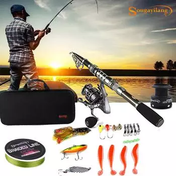 Телескопическая спиннинговая удочка и рыболовная катушка, комплект рыболовных приманок из углеродного волокна, набор лесок