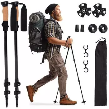 Телескопические палки для скалолазания и походов, снаряжение для пешего туризма, набор из 2-х походных палок с пробкой, алюминий 7075 - палки, - рукоятка, (черный) чёрный