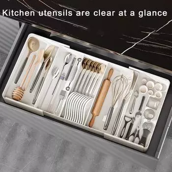 Телескопический ящик для хранения посуды. Классификационная организация. Расширяемая большая емкость с несколькими отделениями. Лоток для посуды. Вилка, палочки для еды, ложка. Small