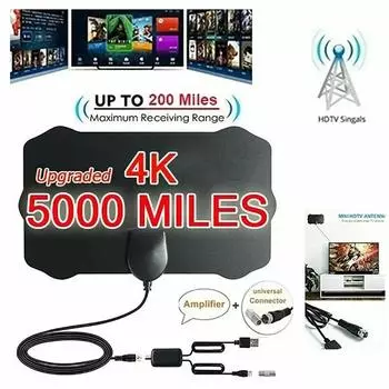 Телевизионная антенна 4K 25 дБ с высоким коэффициентом усиления HD TV DTV Box цифровая европейская вилка 3000 миль усилитель активная внутренняя антенна плоский дизайн чёрный