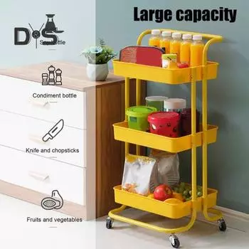 Тележка на колесах с 4 колесами, большая вместимость, прочная несущая способность, тележка для хранения на колесах с ручкой, многофункциональные полки для хранения чёрный