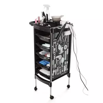 Тележка на колесиках для салона красоты с 5 выдвижными ящиками, складными держателями для приборов, СПА, парикмахерская чёрный