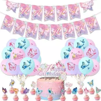 Тематическая вечеринка с бабочками, бумажные баннеры, латексные шары, с первым днем рождения, украшение для вечеринки, дети, празднование рождения девочки, принадлежности для дня рождения