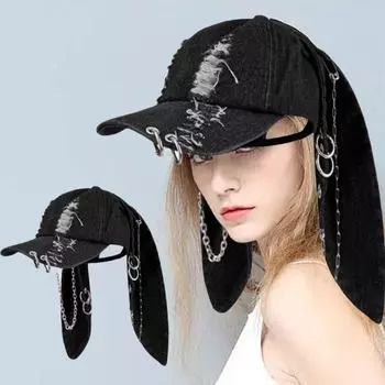 Темная джинсовая бейсболка в стиле панк, регулируемая джинсовая кепка с потертым дизайном и металлическими кольцами, 3D-уши кролика, уличный аксессуар B