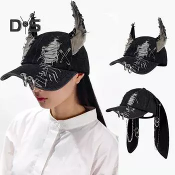 Темная джинсовая бейсболка в стиле панк, регулируемая джинсовая кепка с потертым дизайном и металлическими кольцами, 3D-уши кролика, уличный аксессуар B