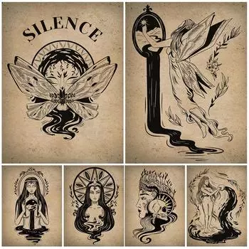 Темная Ведьма Созвездие Астрологический Художественный Плакат Настенное Искусство Фея Арфа и Королева Скелетов 21cm30cm NoFrame