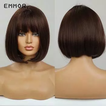 Темно-коричневый тип волосПарик для женщин Короткий прямой боб Синтетические волосыПарики с челкой Повседневное использование для косплея