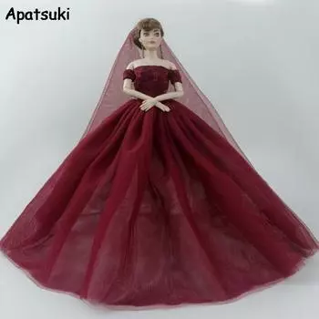 Темно-красное модное кукольное платье для куклы Барби, свадебные платья, наряды, вечернее платье, длинное платье, одежда 1:6, игрушки для детей красный