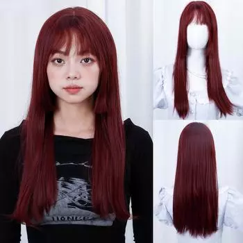 Темно-красный парик, длинная челка принцессы с прямой челкой, 22 дюйма, синтетическое термостойкое волокно, натуральный, для вечеринок или селфи, для женщин, корейская мода 22inches сарай красный