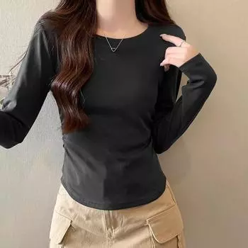 Темно-серая футболка с длинными рукавами и маской для женщин на осень и зиму, новый стиль, низ с плиссированной талией, однотонный круглый вырез, замедляющий старение верх S