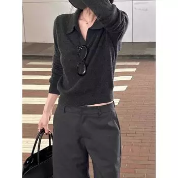 Темно-серый трикотаж в стиле старого Цяня, женская одежда для начала осени, нарядная рубашка поло, осенняя базовая одежда для дома, топы с длинными рукавами Dark gray S