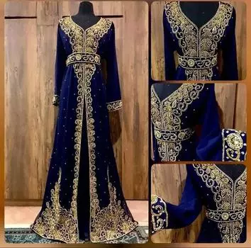 Темно-синее Абая Фараша Дубай Марокканское Платье Кафтан Жоржет Свадебное XS темно-синий