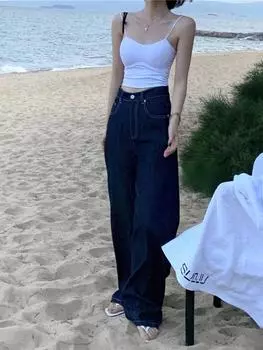 Темно-синие элегантные джинсы женские летние новые дизайнерские свободные ретро-узкие прямые широкие брюки с высокой талией Y2k S темно-синий