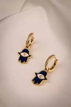Темно-синие эмалированные серьги-кольца Fatma Mother s Hand с подвесками