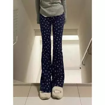 Темно-синие брюки-клеш с высокой талией и милым принтом, женские брюки 2023 y2k, летние легкие брюки-клеш, элегантная корейская одежда S темно-синий
