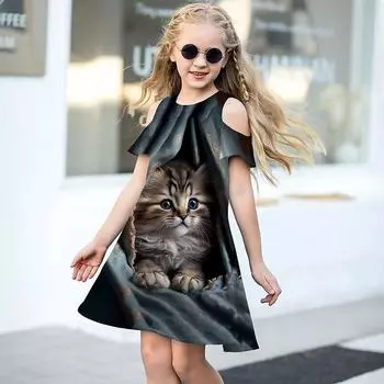 Темно-синие платья с принтом котенка для девочек, детское праздничное платье с открытыми плечами для девочек, платье принцессы, платье с короткими рукавами для детей старше четырех лет 80 фиолетовый