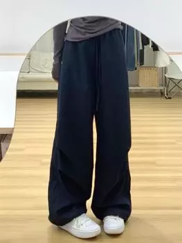 Темно-синие плиссированные широкие комбинезоны женские осенне-зимние новые эластичные однотонные облегающие универсальные повседневные брюки с высокой талией S темно-синий