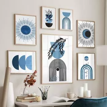 Темно-синие постеры в стиле бохо и принт с геометрическим солнцем и радугой, настенная живопись на холсте, современная нейтральная картина для гостиной середины века, домашний декор A4 21X30cm No Framed