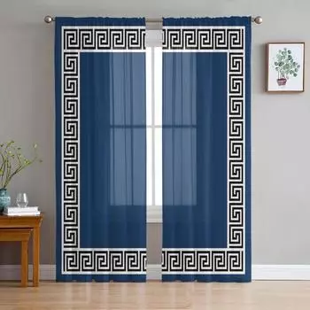 Темно-синие простые геометрические прозрачные шторы в китайском стиле для украшения гостиной, оконные шторы, тюль, вуаль, шторы для кухни W135 x H115cm x1