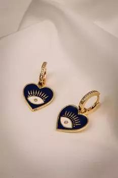 Темно-синие серьги-кольца с эмалью в форме сердца
