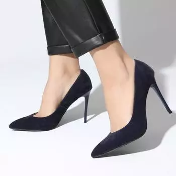 Темно-синие замшевые женские вечерние туфли на шпильке