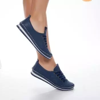 Темно-синие женские кожаные туфли на плоской подошве из натуральной кожи