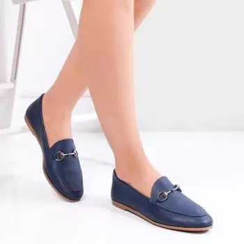 Темно-синие женские кожаные туфли на плоской подошве из натуральной кожи
