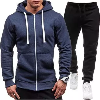 Темно-синий 2024 Новый Повседневный Толстовка Молния С Капюшоном Толстовка Куртка Мужской Однотонный Кардиган Спортивный Мужской Комплект Толстовки S темно-синий