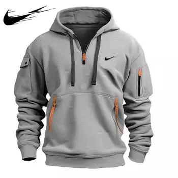 Темно-синий 2024 Осень/Зима Новый Мужской Повседневный Мульти Молния Карманы На Рукаве Толстовка Пуловер Большой Толстовка Спортивная Толстовка Для Отдыха На Природе S