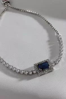 Темно-синий браслет из камня багет серебряного цвета с цирконом и лифтом Waterway