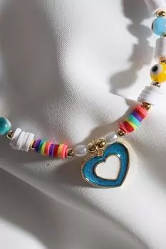 Темно-синий браслет-сердце из эмали с белыми бусинами Fimo