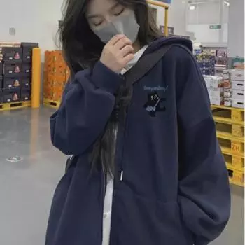 Темно-синий кардиган с капюшоном на молнии для женщин - идеальный вариант для ранней осени и зимы M (suggested 40-55 kg)